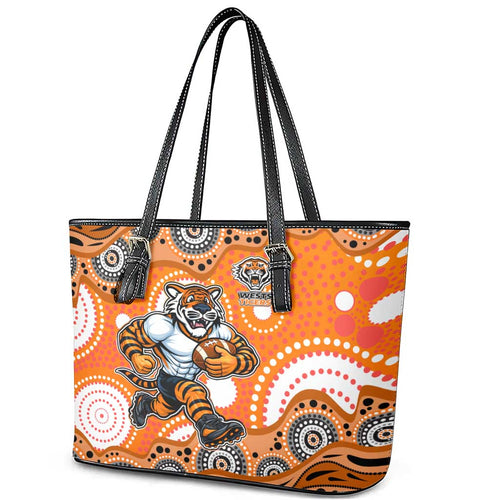 Wests Tigers Leather Tote Bag Aboriginal Dot Pattern - Rugby Mascot Heritage Pride