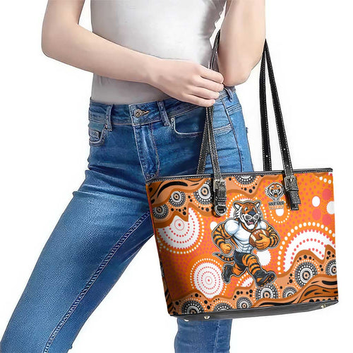 Wests Tigers Leather Tote Bag Aboriginal Dot Pattern - Rugby Mascot Heritage Pride