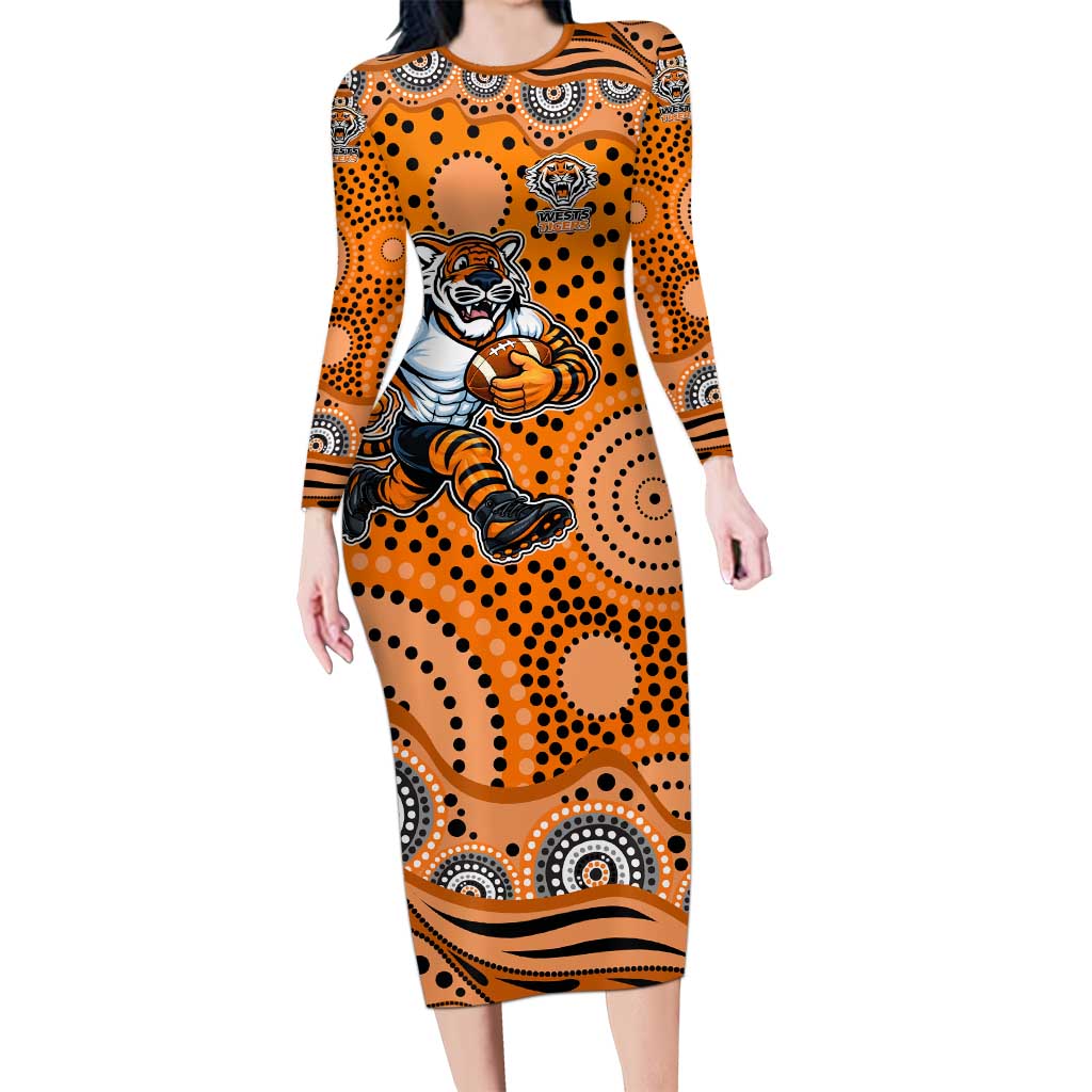 Wests Tigers Long Sleeve Bodycon Dress Aboriginal Dot Pattern - Rugby Mascot Heritage Pride