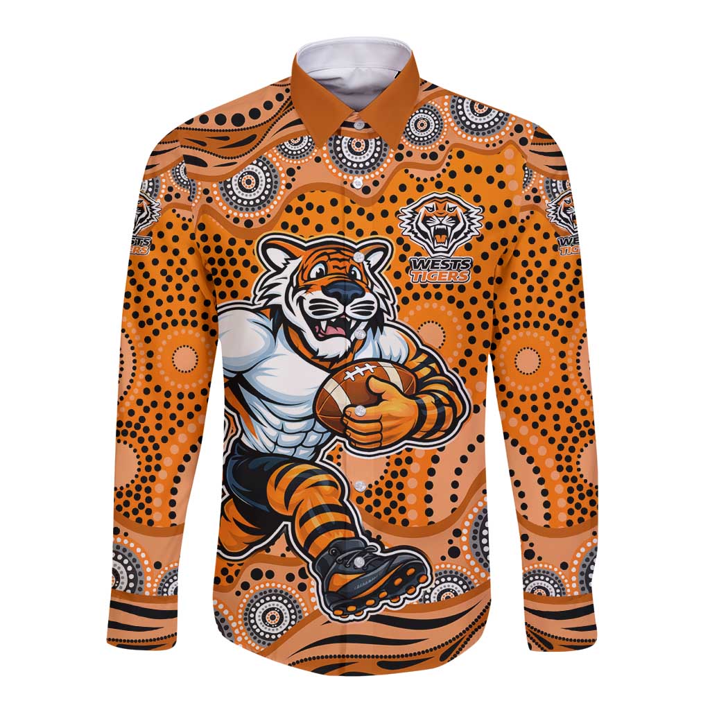 Wests Tigers Long Sleeve Button Shirt Aboriginal Dot Pattern - Rugby Mascot Heritage Pride