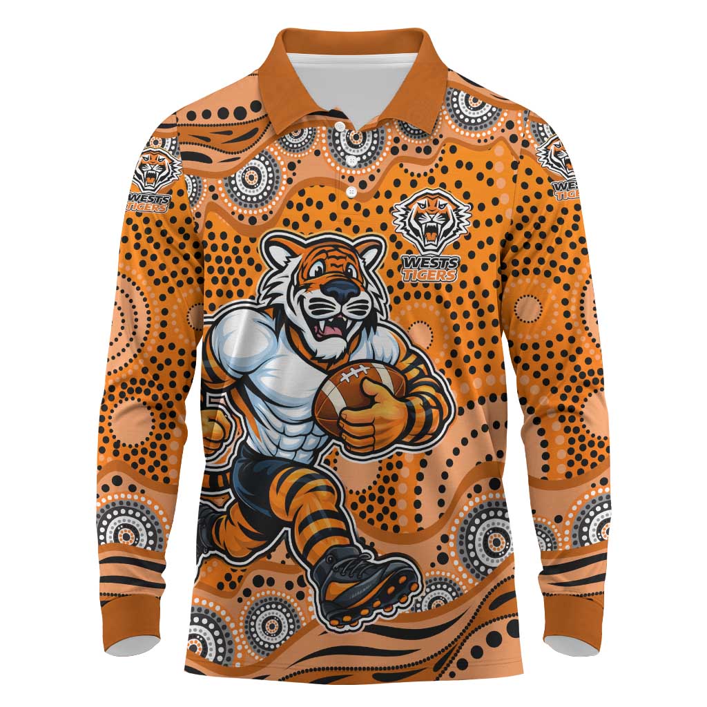 Wests Tigers Long Sleeve Polo Shirt Aboriginal Dot Pattern - Rugby Mascot Heritage Pride