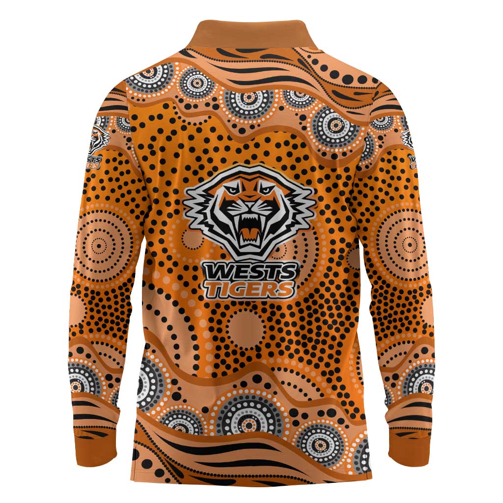 Wests Tigers Long Sleeve Polo Shirt Aboriginal Dot Pattern - Rugby Mascot Heritage Pride