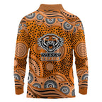 Wests Tigers Long Sleeve Polo Shirt Aboriginal Dot Pattern - Rugby Mascot Heritage Pride