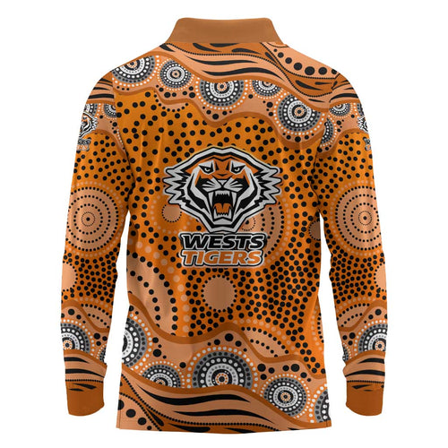 Wests Tigers Long Sleeve Polo Shirt Aboriginal Dot Pattern - Rugby Mascot Heritage Pride