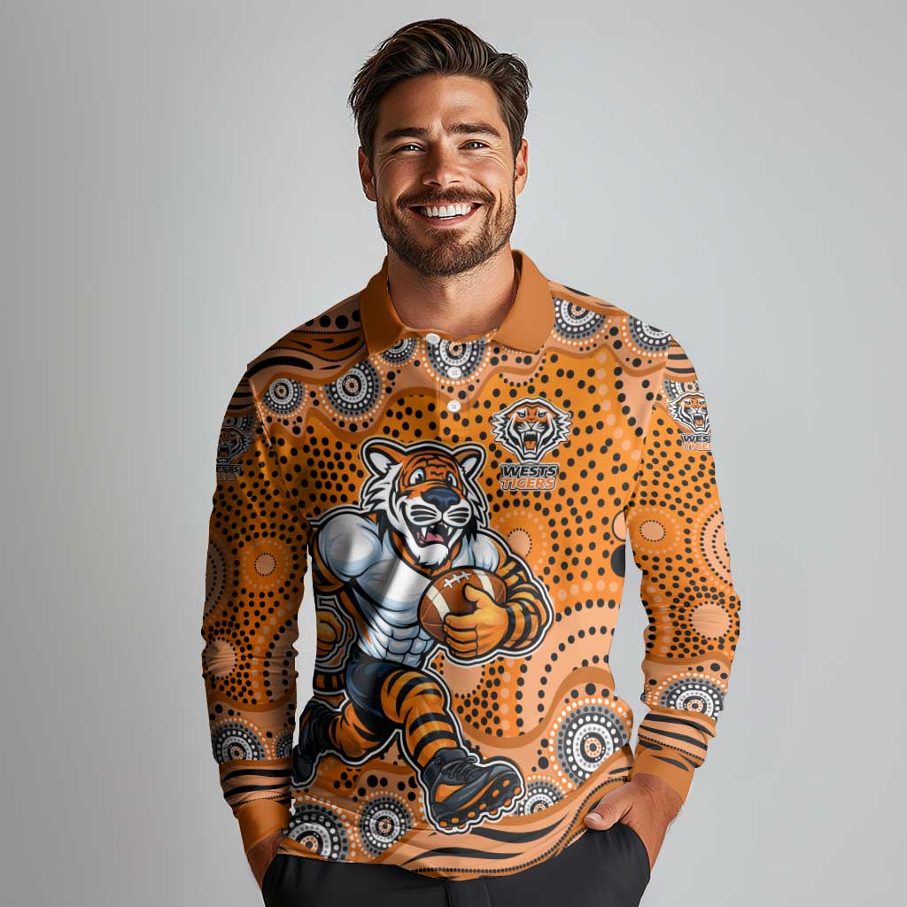 Wests Tigers Long Sleeve Polo Shirt Aboriginal Dot Pattern - Rugby Mascot Heritage Pride