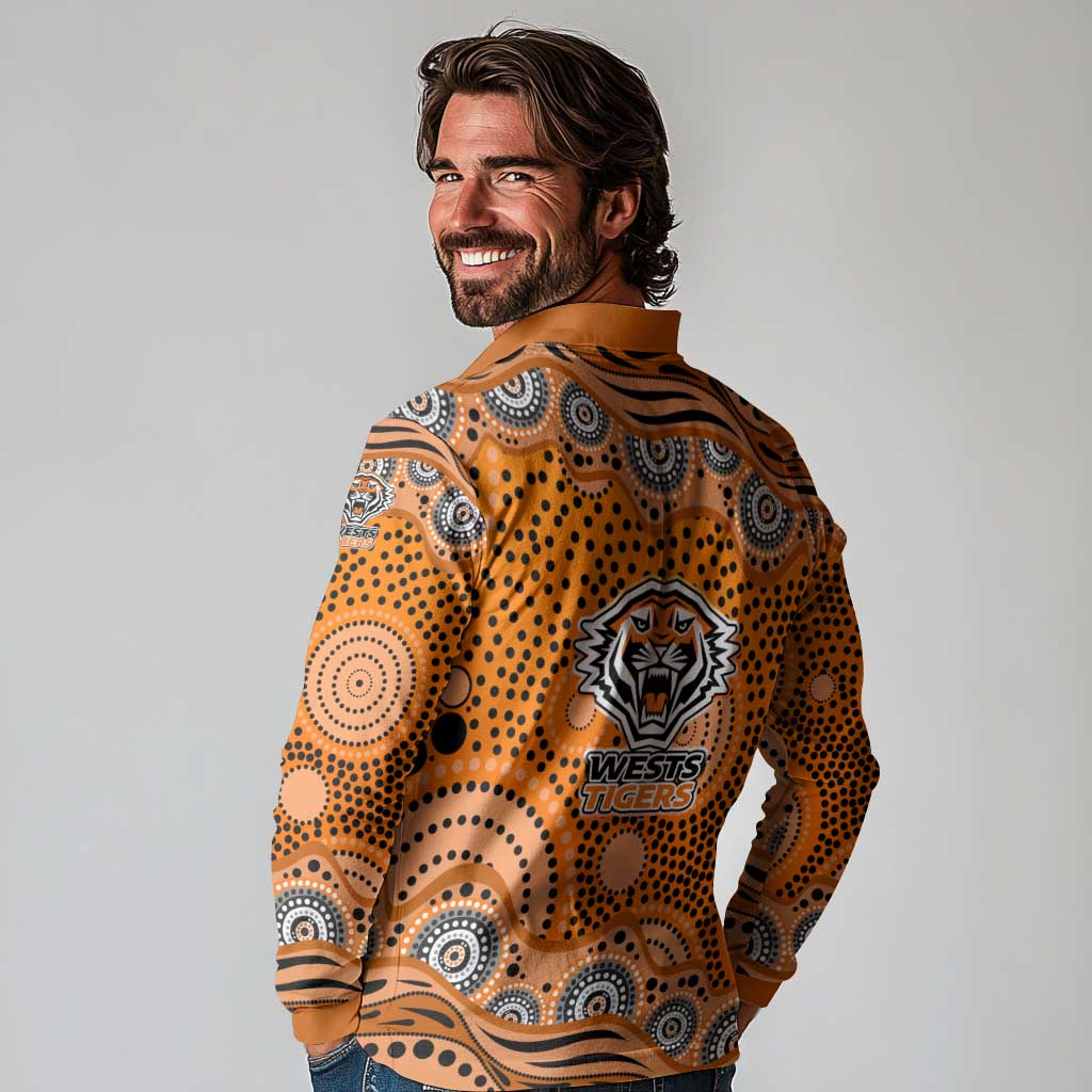 Wests Tigers Long Sleeve Polo Shirt Aboriginal Dot Pattern - Rugby Mascot Heritage Pride