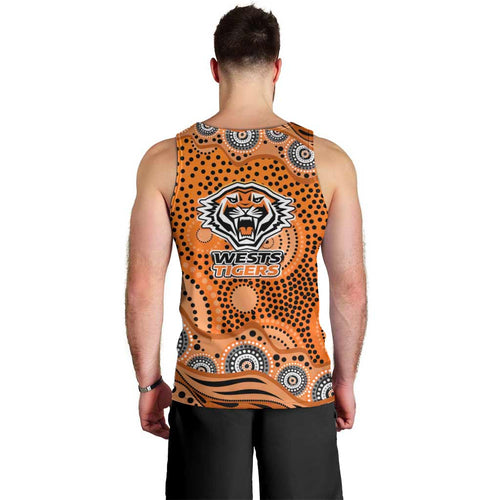 Wests Tigers Men Tank Top Aboriginal Dot Pattern - Rugby Mascot Heritage Pride