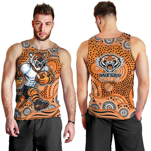 Wests Tigers Men Tank Top Aboriginal Dot Pattern - Rugby Mascot Heritage Pride