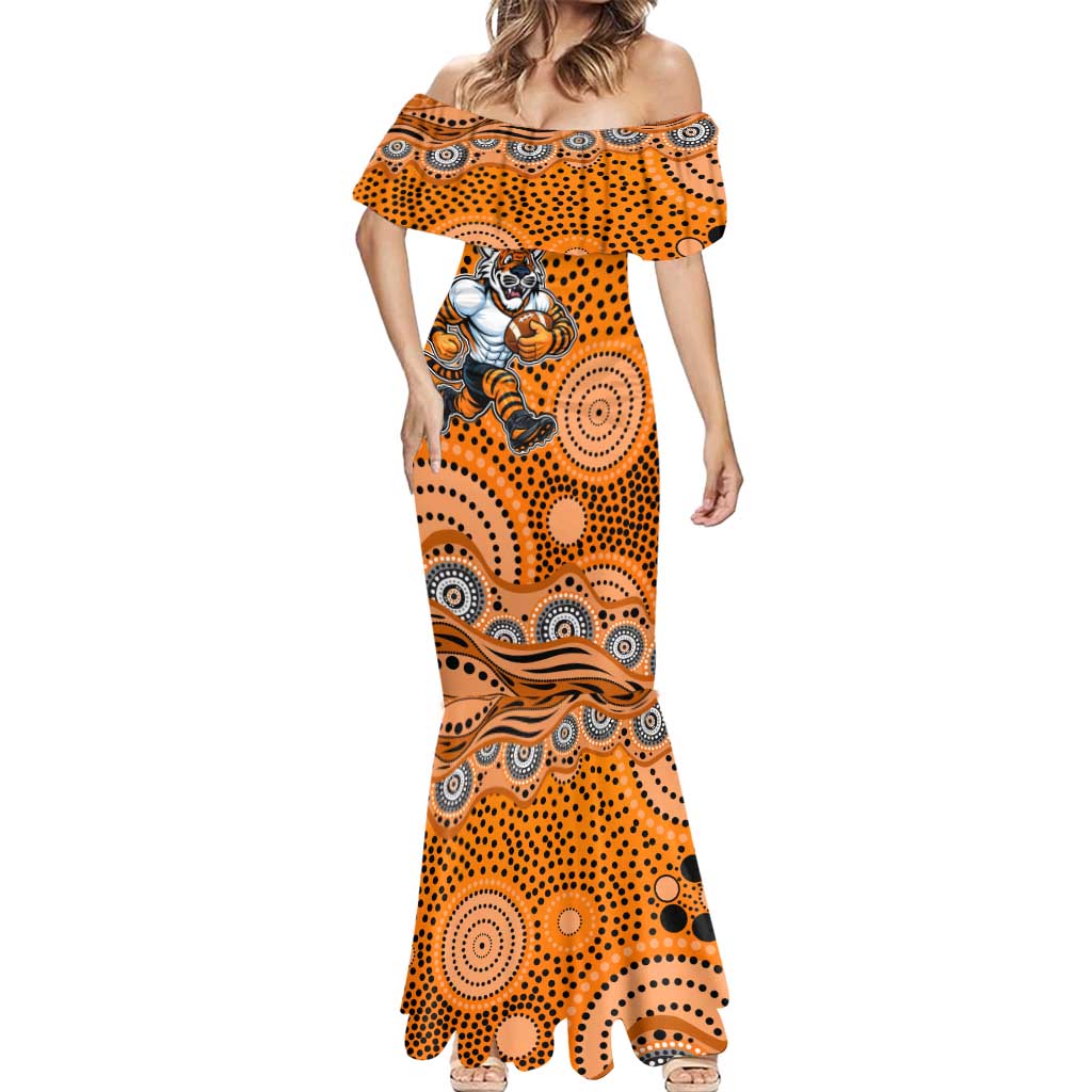 Wests Tigers Mermaid Dress Aboriginal Dot Pattern - Rugby Mascot Heritage Pride