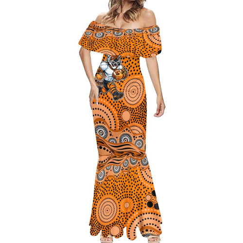 Wests Tigers Mermaid Dress Aboriginal Dot Pattern - Rugby Mascot Heritage Pride