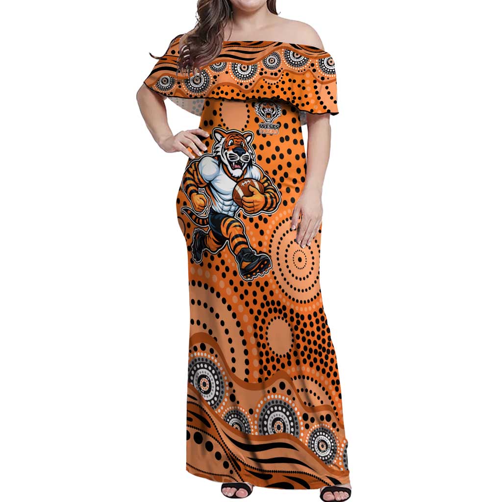 Wests Tigers Off Shoulder Maxi Dress Aboriginal Dot Pattern - Rugby Mascot Heritage Pride