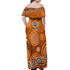 Wests Tigers Off Shoulder Maxi Dress Aboriginal Dot Pattern - Rugby Mascot Heritage Pride
