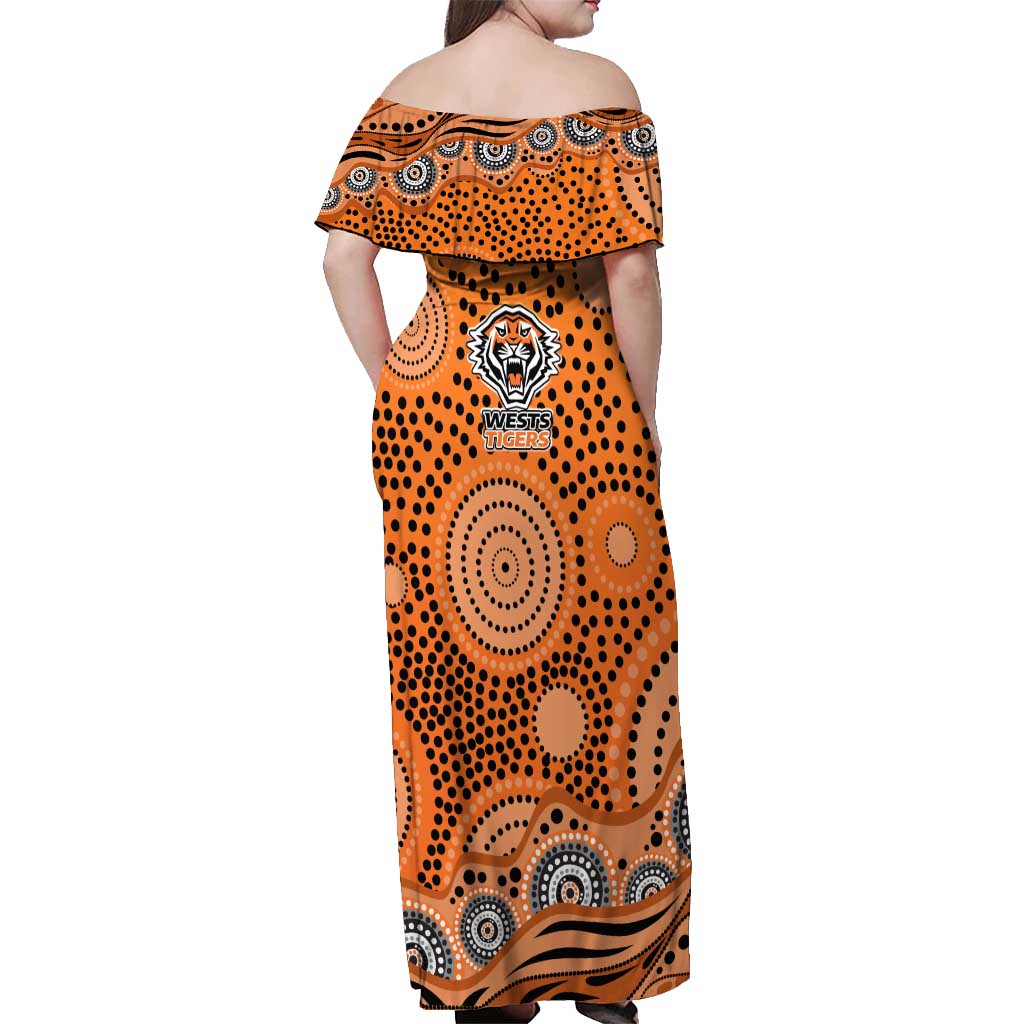 Wests Tigers Off Shoulder Maxi Dress Aboriginal Dot Pattern - Rugby Mascot Heritage Pride