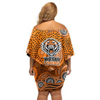 Wests Tigers Off Shoulder Short Dress Aboriginal Dot Pattern - Rugby Mascot Heritage Pride