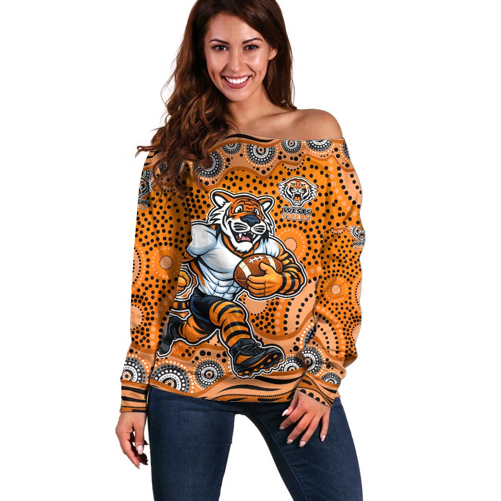 Wests Tigers Off Shoulder Sweater Aboriginal Dot Pattern - Rugby Mascot Heritage Pride