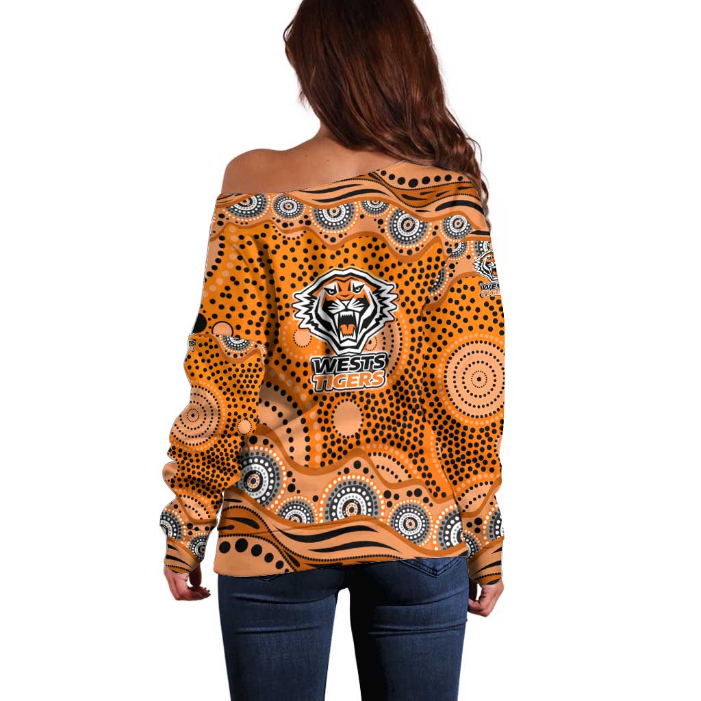 Wests Tigers Off Shoulder Sweater Aboriginal Dot Pattern - Rugby Mascot Heritage Pride