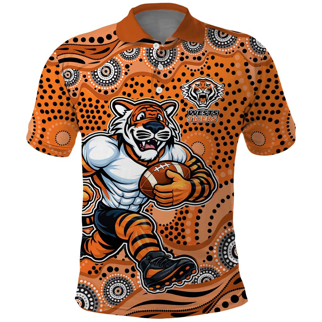 Wests Tigers Polo Shirt Aboriginal Dot Pattern - Rugby Mascot Heritage Pride