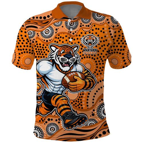 Wests Tigers Polo Shirt Aboriginal Dot Pattern - Rugby Mascot Heritage Pride
