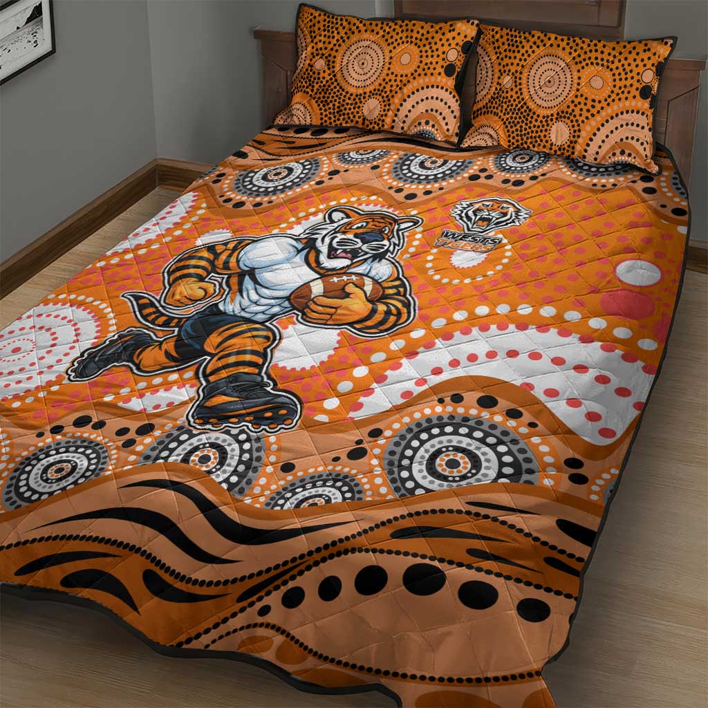 Wests Tigers Quilt Bed Set Aboriginal Dot Pattern - Rugby Mascot Heritage Pride
