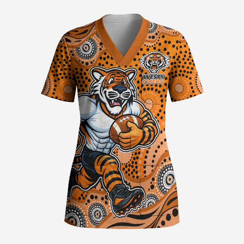 Wests Tigers Scrub Top Aboriginal Dot Pattern - Rugby Mascot Heritage Pride