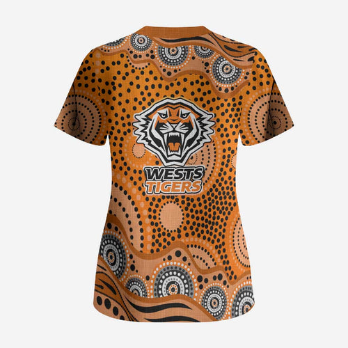 Wests Tigers Scrub Top Aboriginal Dot Pattern - Rugby Mascot Heritage Pride