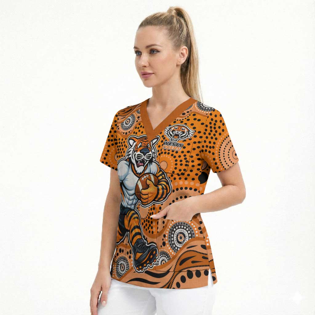 Wests Tigers Scrub Top Aboriginal Dot Pattern - Rugby Mascot Heritage Pride