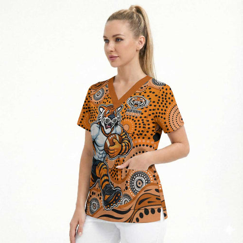 Wests Tigers Scrub Top Aboriginal Dot Pattern - Rugby Mascot Heritage Pride