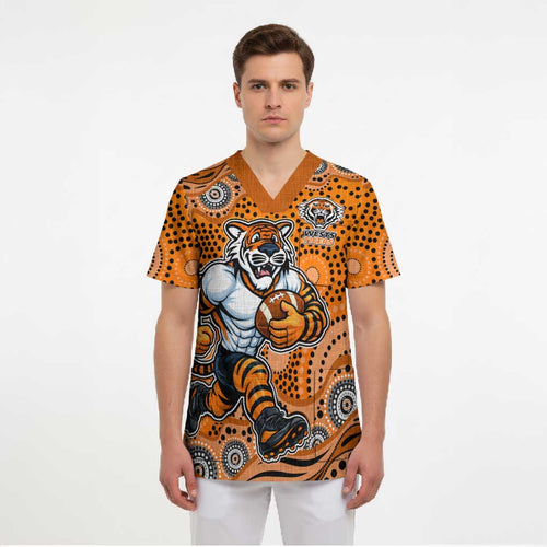 Wests Tigers Scrub Top Aboriginal Dot Pattern - Rugby Mascot Heritage Pride