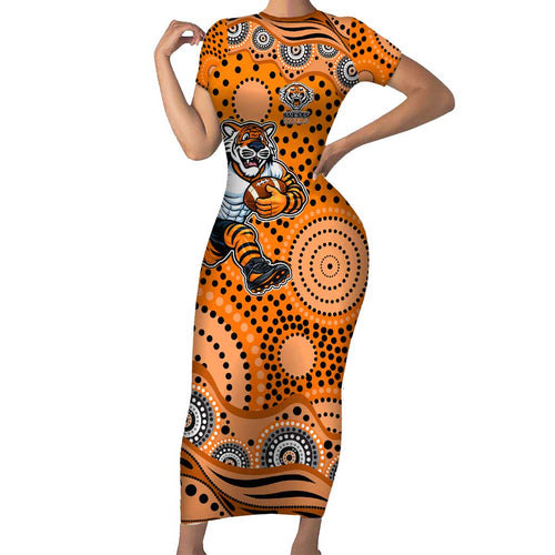 Wests Tigers Short Sleeve Bodycon Dress Aboriginal Dot Pattern - Rugby Mascot Heritage Pride