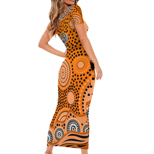 Wests Tigers Short Sleeve Bodycon Dress Aboriginal Dot Pattern - Rugby Mascot Heritage Pride