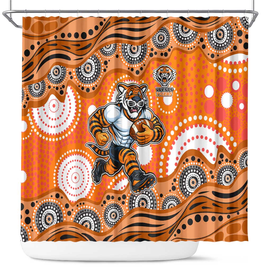 Wests Tigers Shower Curtain Aboriginal Dot Pattern - Rugby Mascot Heritage Pride