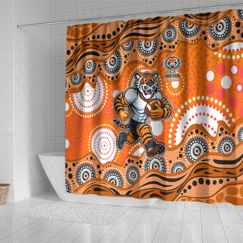 Wests Tigers Shower Curtain Aboriginal Dot Pattern - Rugby Mascot Heritage Pride