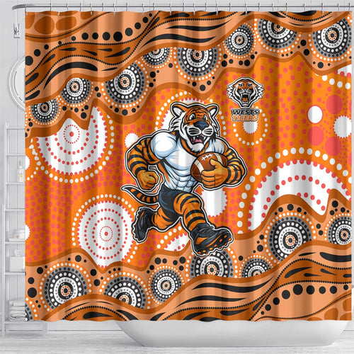 Wests Tigers Shower Curtain Aboriginal Dot Pattern - Rugby Mascot Heritage Pride
