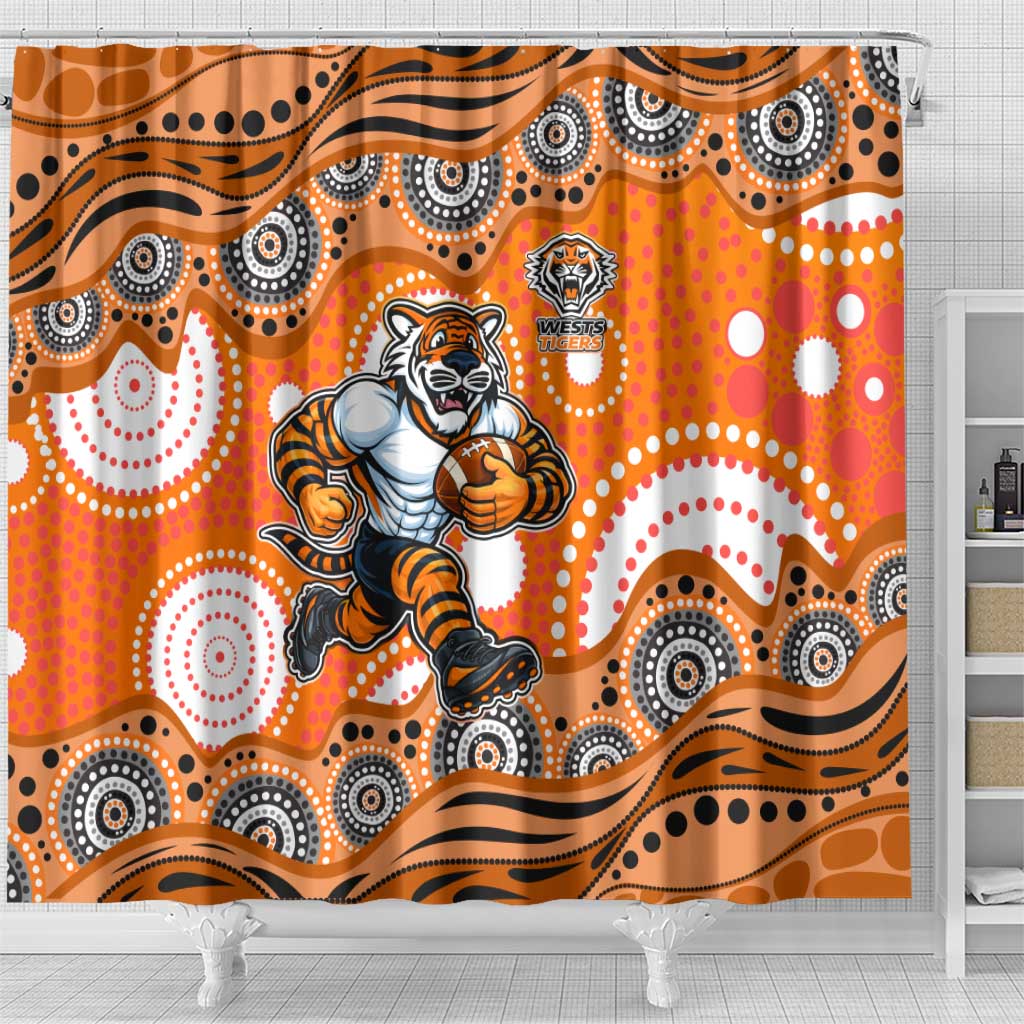 Wests Tigers Shower Curtain Aboriginal Dot Pattern - Rugby Mascot Heritage Pride