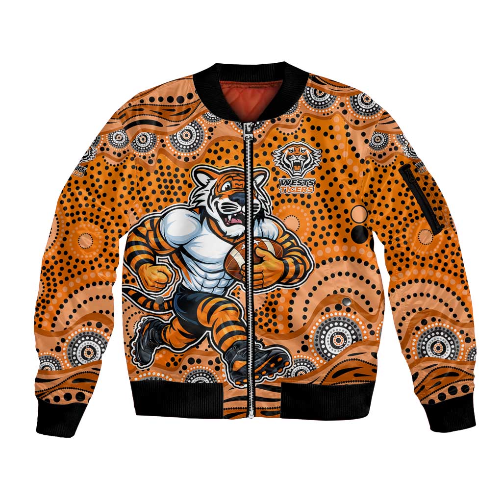 Wests Tigers Sleeve Zip Bomber Jacket Aboriginal Dot Pattern - Rugby Mascot Heritage Pride