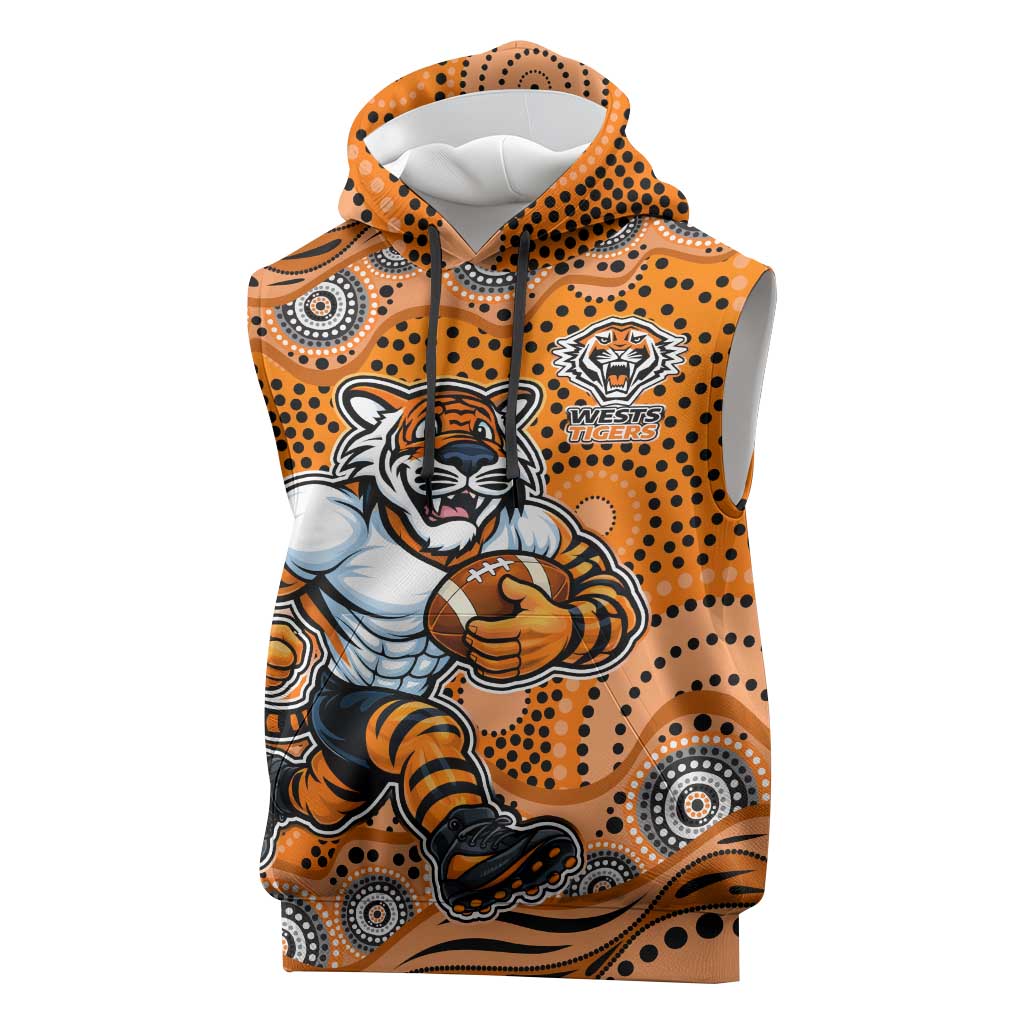 Wests Tigers Sleeveless Hoodie Aboriginal Dot Pattern - Rugby Mascot Heritage Pride