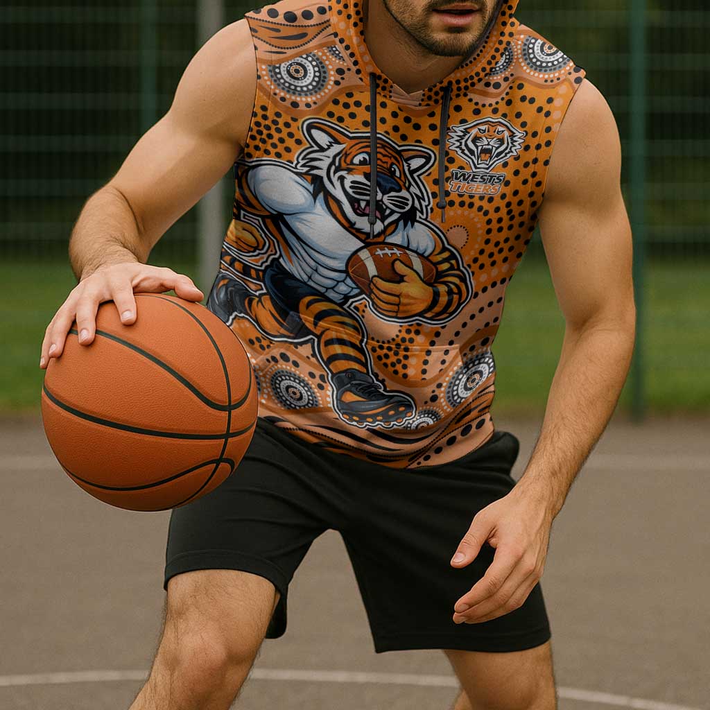 Wests Tigers Sleeveless Hoodie Aboriginal Dot Pattern - Rugby Mascot Heritage Pride