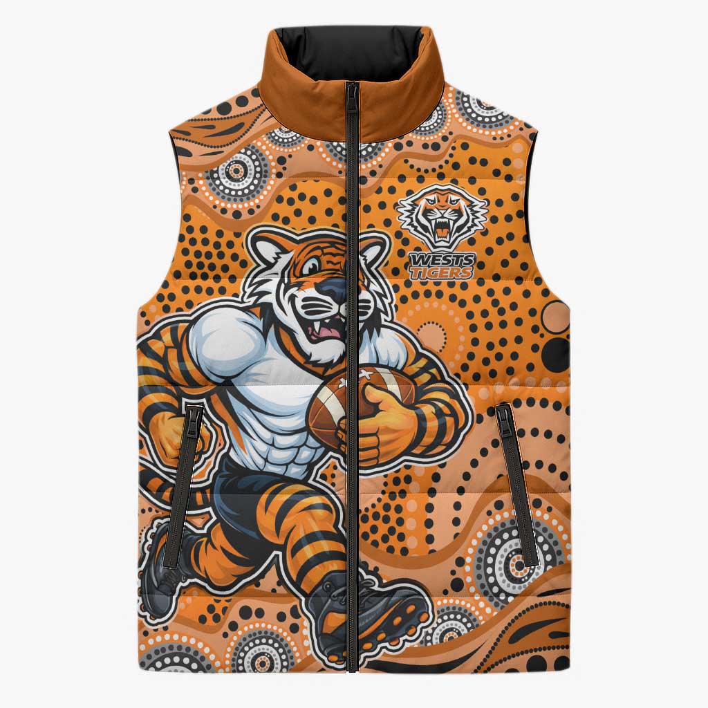Wests Tigers Sleeveless Puffer Jacket Aboriginal Dot Pattern - Rugby Mascot Heritage Pride