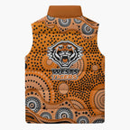Wests Tigers Sleeveless Puffer Jacket Aboriginal Dot Pattern - Rugby Mascot Heritage Pride