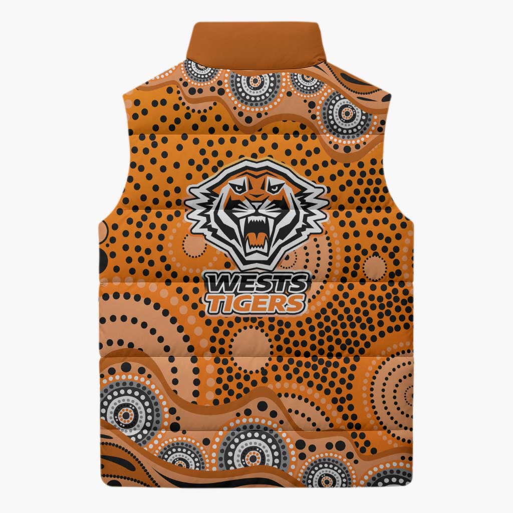 Wests Tigers Sleeveless Puffer Jacket Aboriginal Dot Pattern - Rugby Mascot Heritage Pride