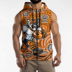 Wests Tigers Sleeveless Zip Hoodie Aboriginal Dot Pattern - Rugby Mascot Heritage Pride