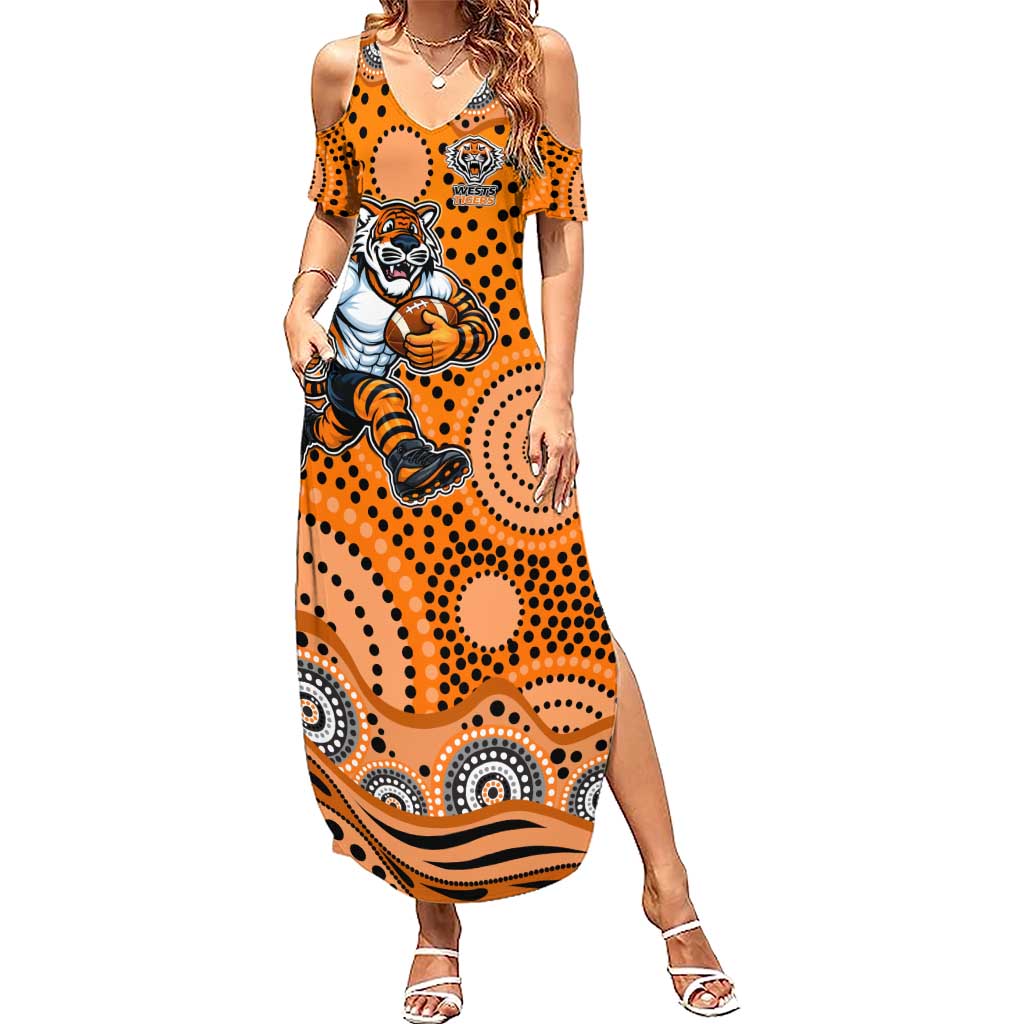 Wests Tigers Summer Maxi Dress Aboriginal Dot Pattern - Rugby Mascot Heritage Pride