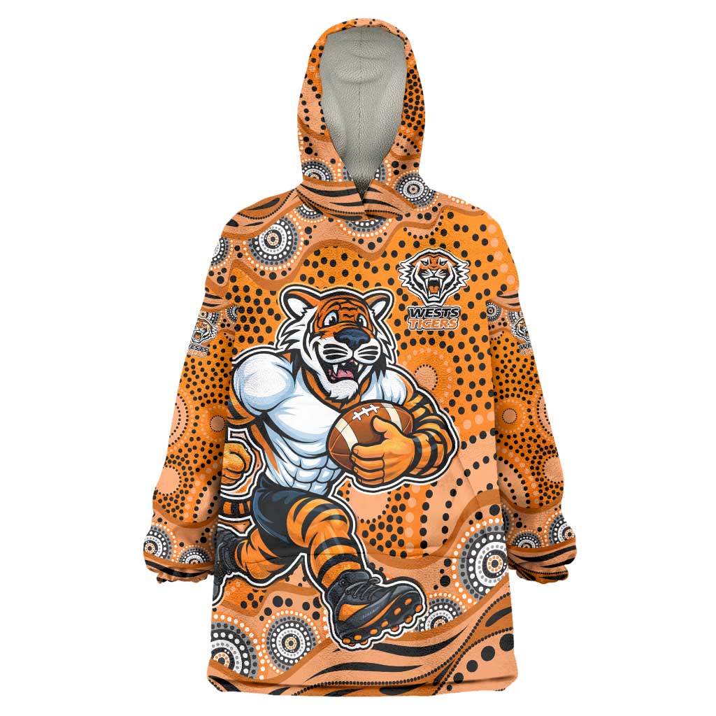 Wests Tigers Wearable Blanket Hoodie Aboriginal Dot Pattern - Rugby Mascot Heritage Pride