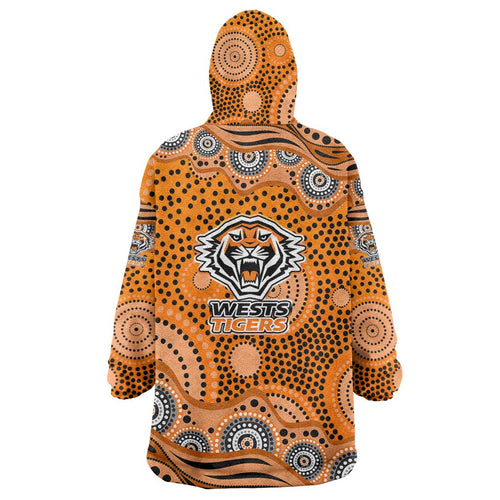 Wests Tigers Wearable Blanket Hoodie Aboriginal Dot Pattern - Rugby Mascot Heritage Pride