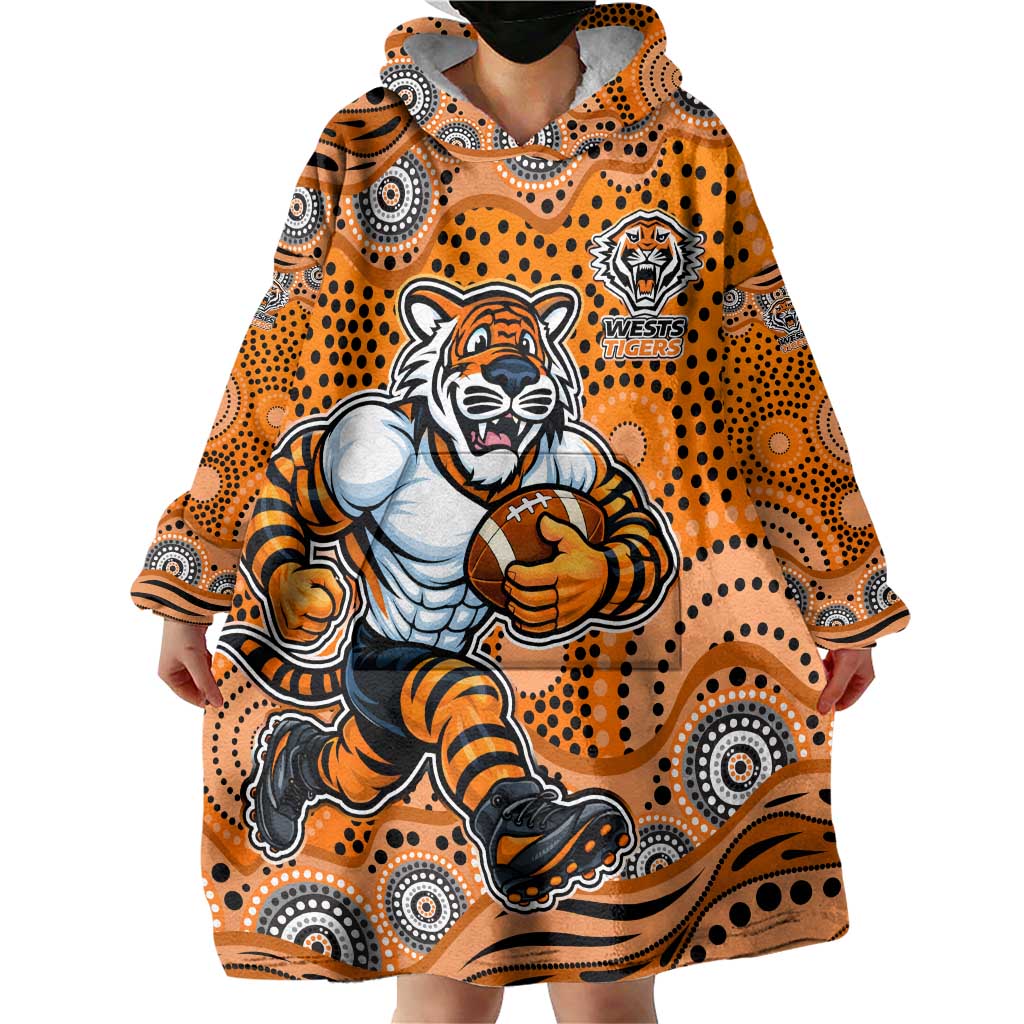 Wests Tigers Wearable Blanket Hoodie Aboriginal Dot Pattern - Rugby Mascot Heritage Pride