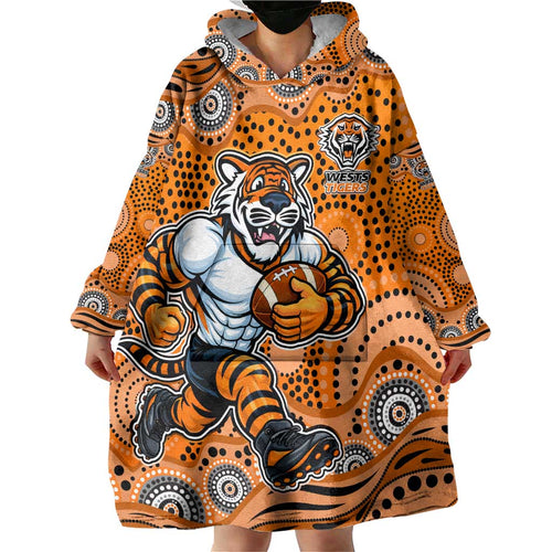 Wests Tigers Wearable Blanket Hoodie Aboriginal Dot Pattern - Rugby Mascot Heritage Pride
