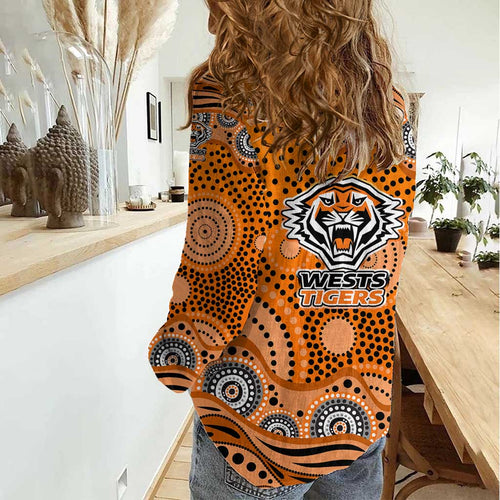 Wests Tigers Women Casual Shirt Aboriginal Dot Pattern - Rugby Mascot Heritage Pride