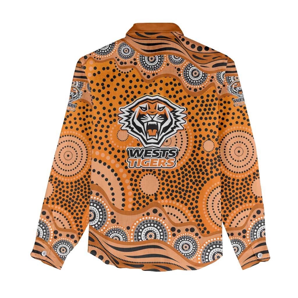 Wests Tigers Women Casual Shirt Aboriginal Dot Pattern - Rugby Mascot Heritage Pride