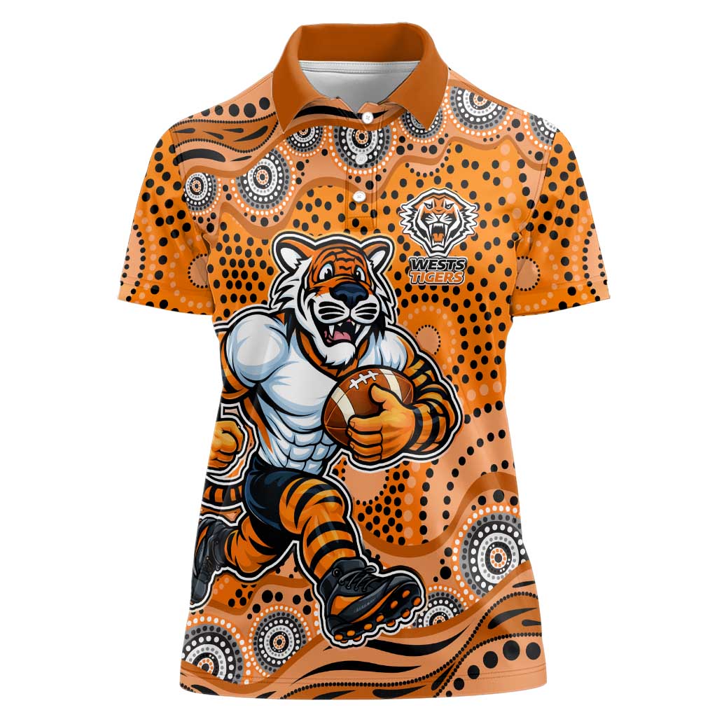 Wests Tigers Women Polo Shirt Aboriginal Dot Pattern - Rugby Mascot Heritage Pride