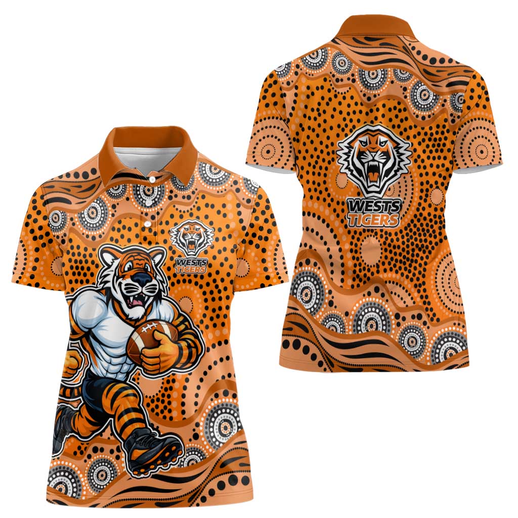 Wests Tigers Women Polo Shirt Aboriginal Dot Pattern - Rugby Mascot Heritage Pride